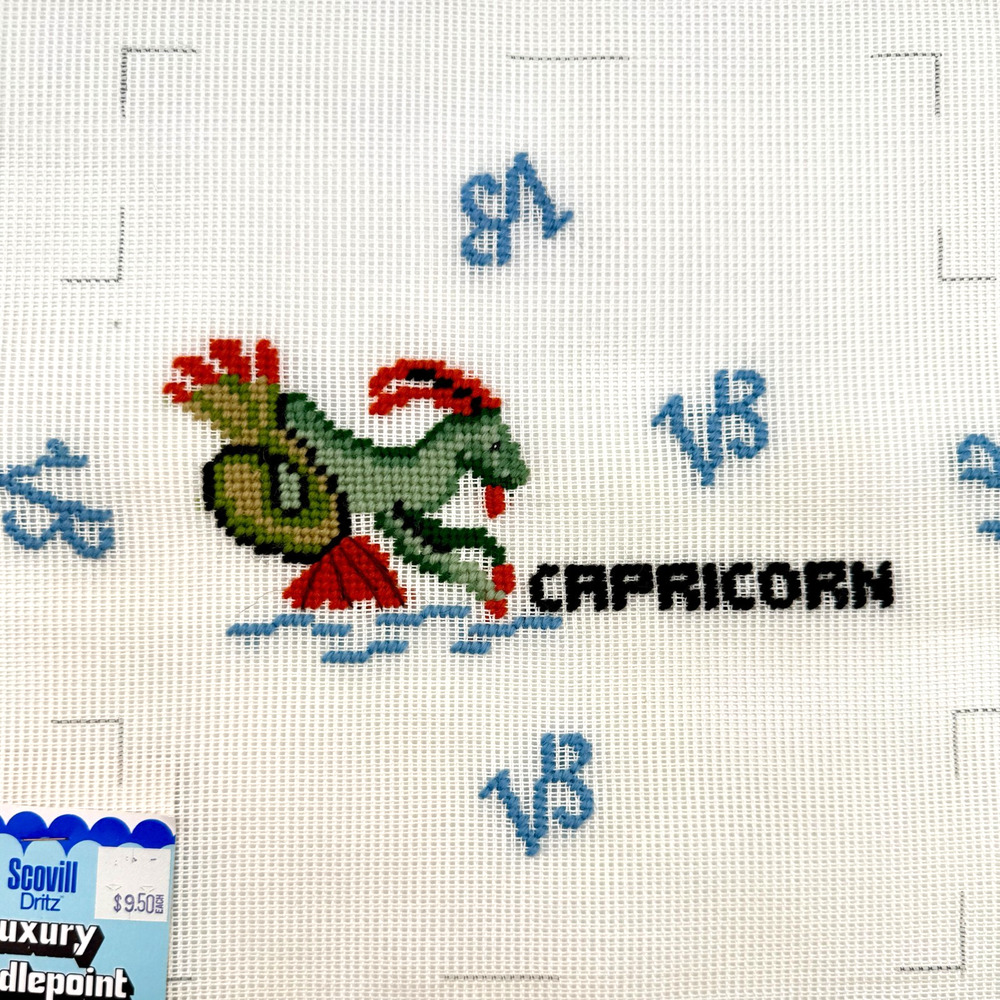 Vtg Dritz Preworked Needlepoint Canvas Capricorn Zodiac Brick Cover Doorstop HTF